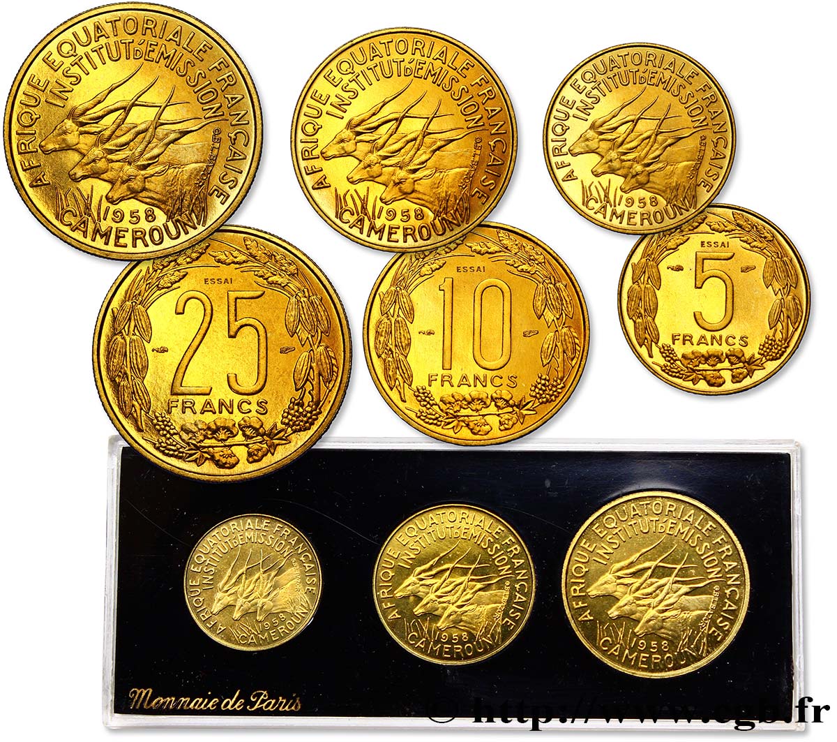 AFRICA EQUATORIALE FRANCESE - CAMERUN Boîte de 5, 10 et 25 francs ESSAI 1958 Paris FDC 
