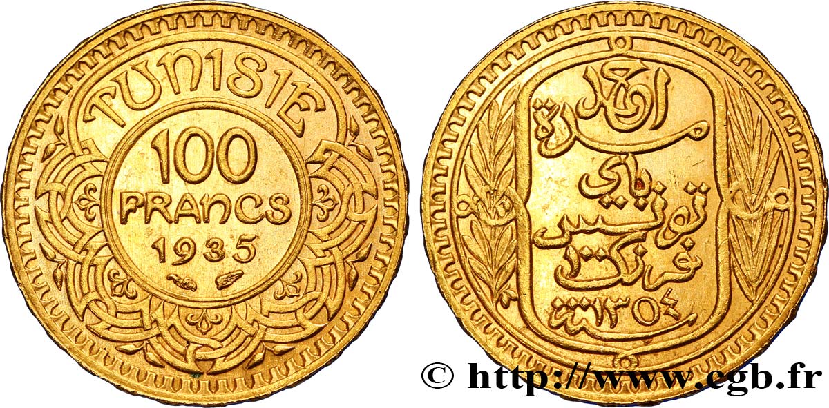 TUNISIA - Protettorato Francese 100 Francs or frappée au nom du Bey Ahmed 1935 Paris SPL 