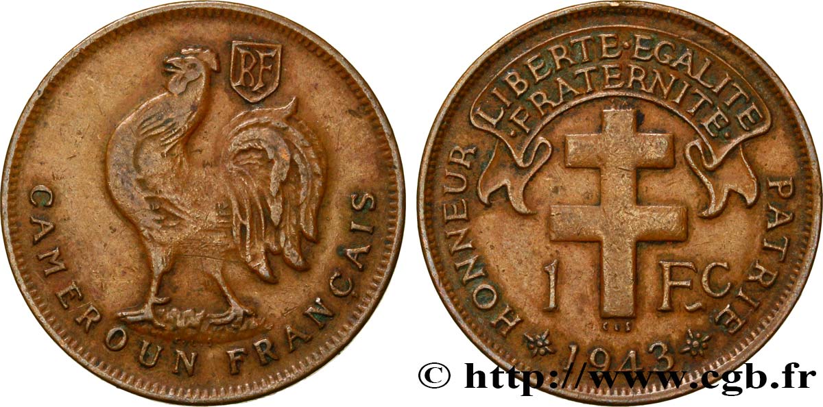 CAMEROUN - TERRITOIRES SOUS MANDAT FRANÇAIS 1 Franc ‘Cameroun Français’ 1943 Prétoria TTB 