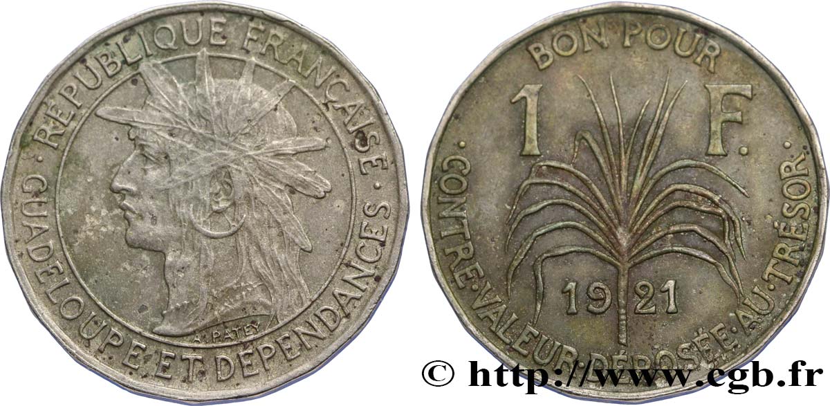 GUADELOUPE Bon pour 1 Franc indien caraïbe / canne à sucre 1921  SS 
