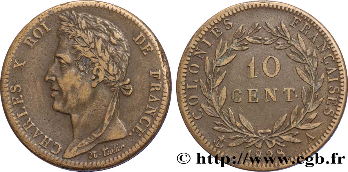 COLONIES FRANÇAISES - Charles X, pour la Guyane 10 Centimes Charles X 1828 Paris - A TTB+ 