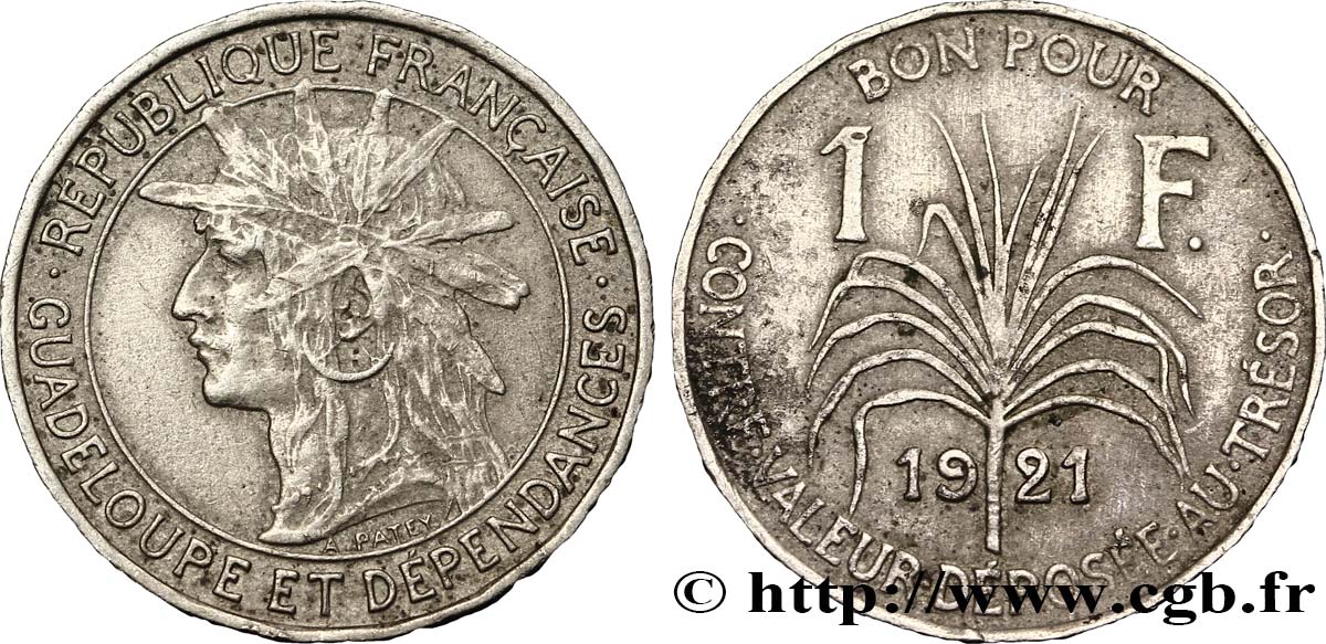 GUADELOUPE Bon pour 1 Franc indien caraïbe / canne à sucre 1921  AU 