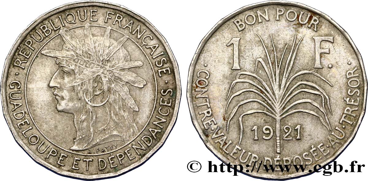 GUADELOUPE Bon pour 1 Franc indien caraïbe / canne à sucre 1921  fVZ 