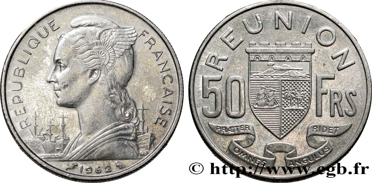 ÎLE DE LA RÉUNION 50 Francs / armes de la Réunion 1962 Paris TTB+ 