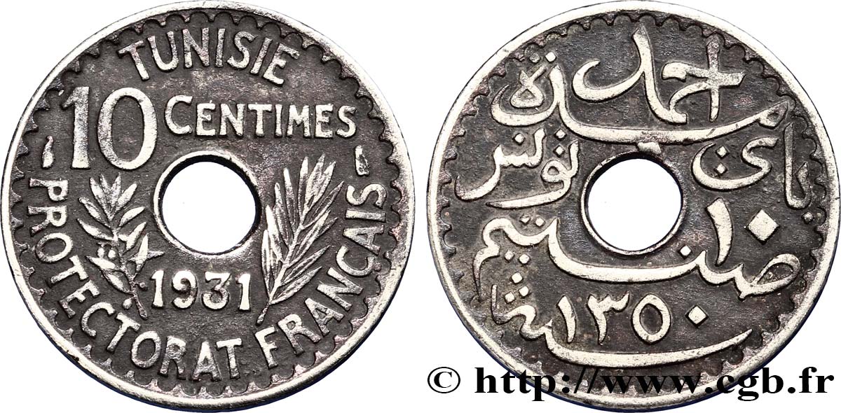 TUNISIA - FRENCH PROTECTORATE 10 Centimes AH1351 1931 Paris XF 
