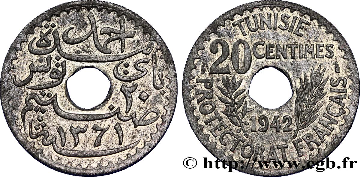 TUNISIA - Protettorato Francese 20 Centimes, frappe courante 1942 Paris MS63 