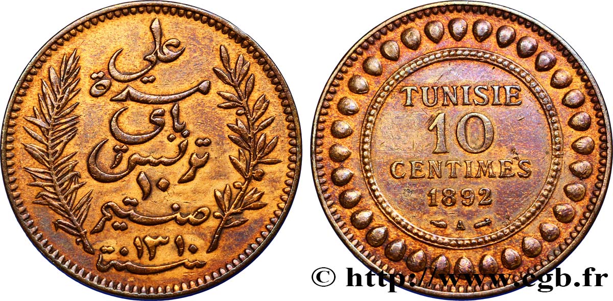 TUNISIE - PROTECTORAT FRANÇAIS 10 Centimes AH1310 1892 Paris TTB 