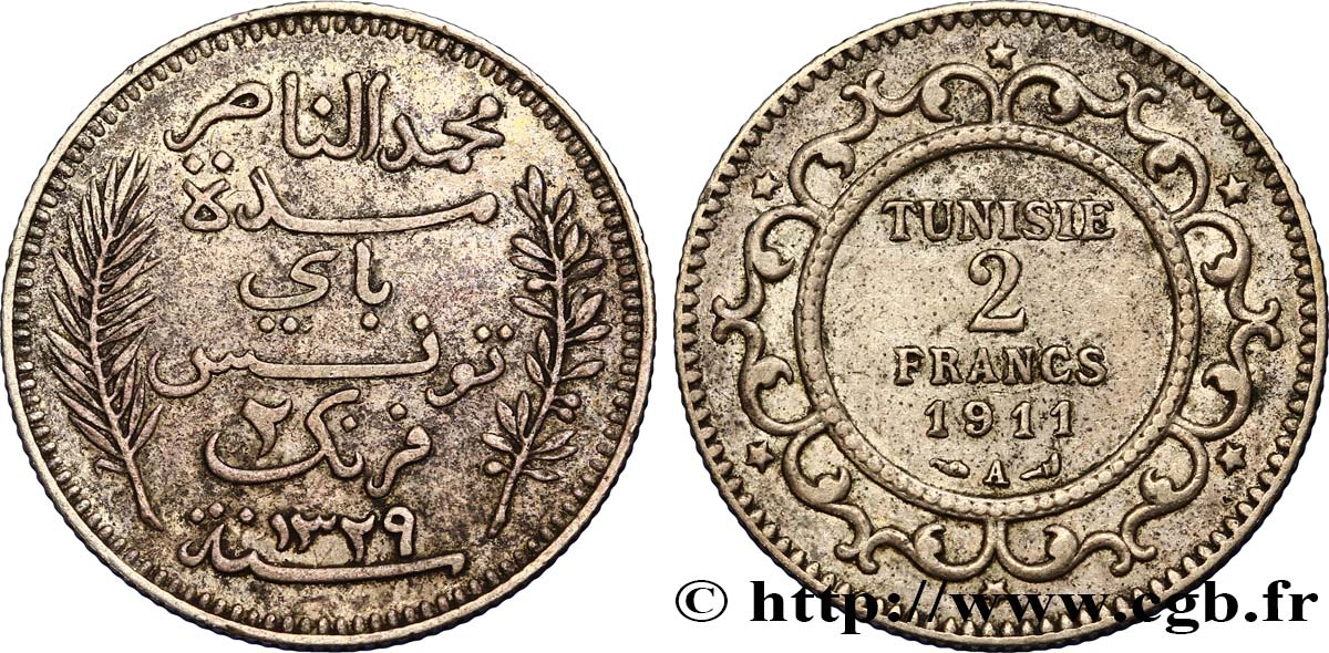 TUNISIA - FRENCH PROTECTORATE 2 Francs AH1329 1911 Paris - A XF 