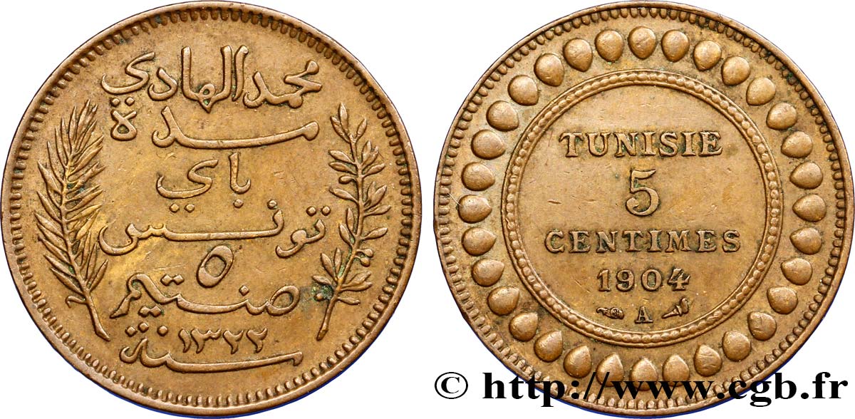 TUNISIA - FRENCH PROTECTORATE 5 Centimes AH1322 1904 Paris XF 