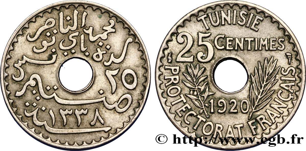TUNESIEN - Französische Protektorate  25 Centimes AH1338 1920 Paris fVZ 