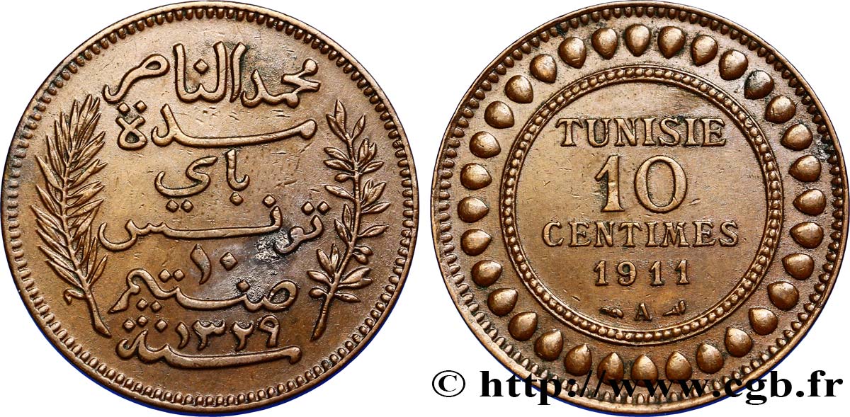 TUNISIA - FRENCH PROTECTORATE 10 Centimes AH1329 1911 Paris AU 