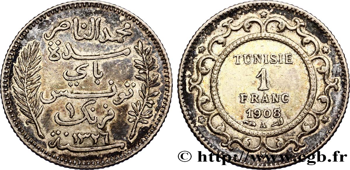 TUNISIA - FRENCH PROTECTORATE 1 Franc AH1326 1908 Paris XF 