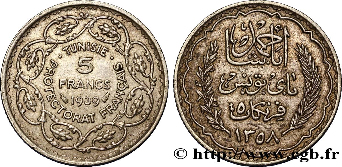 TUNISIE - PROTECTORAT FRANÇAIS 5 Francs AH 1358 1939 Paris TTB+ 