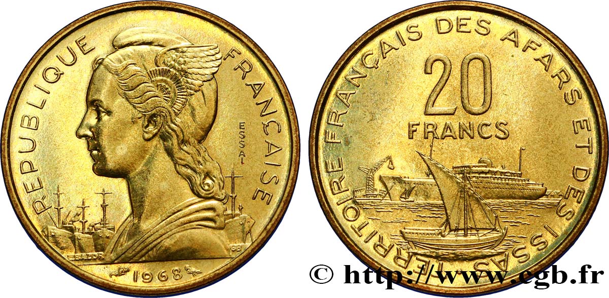 YIBUTI - Territorio Francés de los Afars e Issas Essai de 20 Francs Marianne / port 1968 Paris SC 