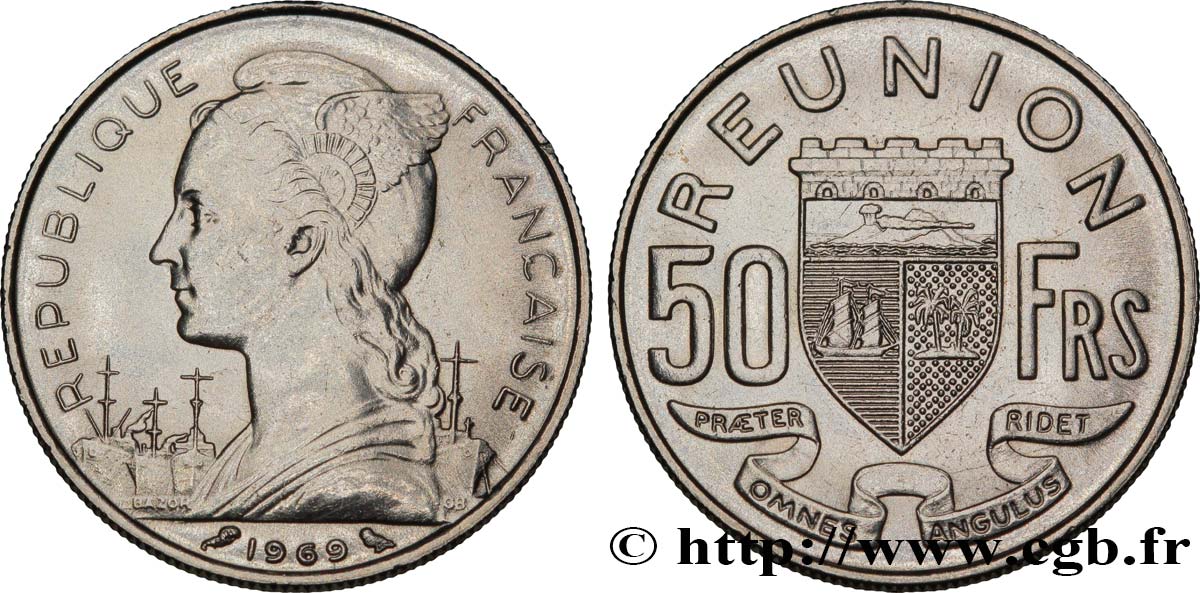 REUNION ISLAND 50 Francs / armes de Saint Denis de la Réunion 1969 Paris AU 