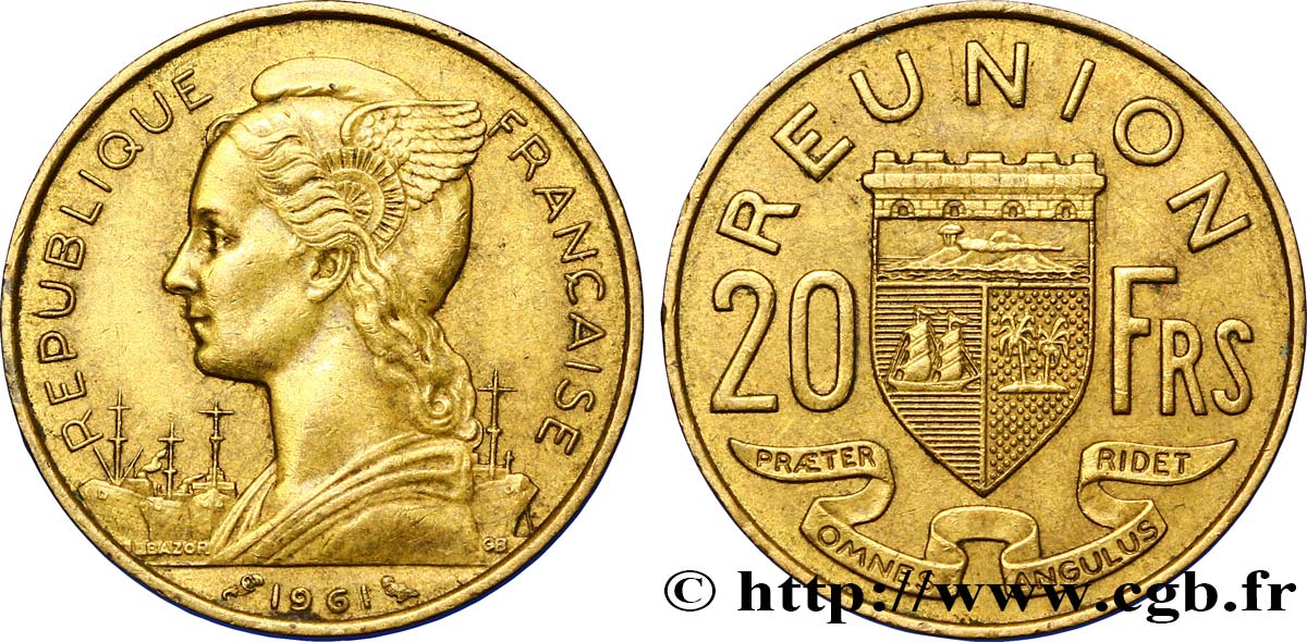 REUNION ISLAND 20 Francs Marianne / armes 1961 Paris XF 