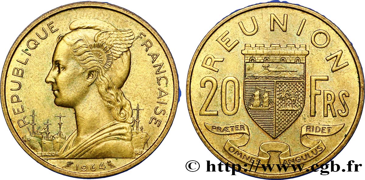 ÎLE DE LA RÉUNION 20 Francs Marianne / armes 1964 Paris TTB 