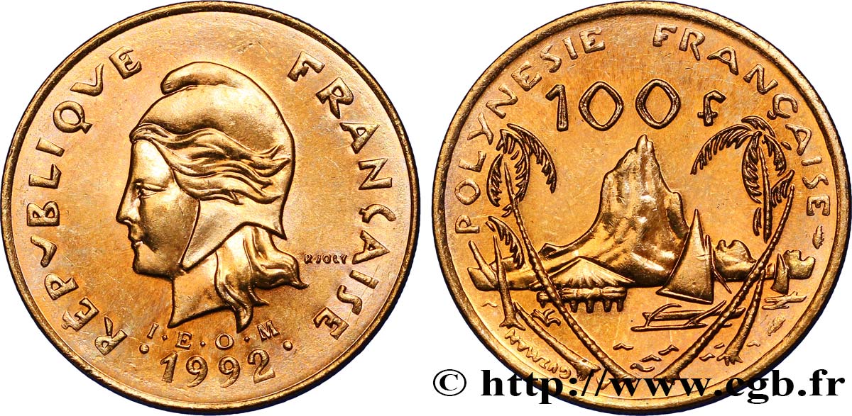 POLYNÉSIE FRANÇAISE 100 Francs I.E.O.M Marianne / Paysage polynésien 1992 Paris SUP 