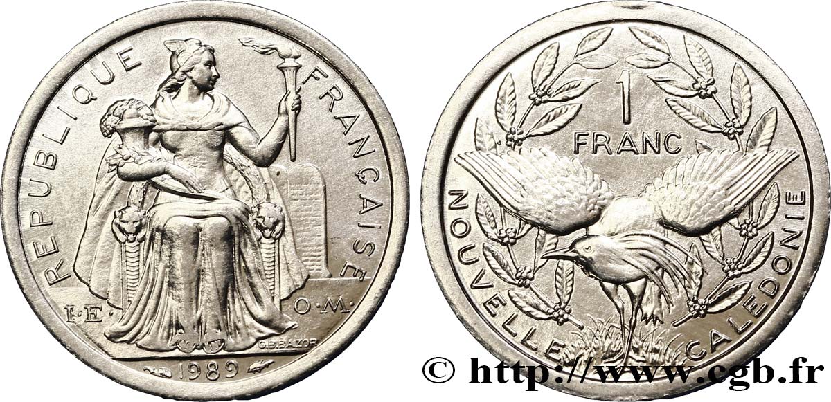 NEW CALEDONIA 1 Franc I.E.O.M. représentation allégorique de Minerve / Kagu, oiseau de Nouvelle-Calédonie 1989 Paris MS 