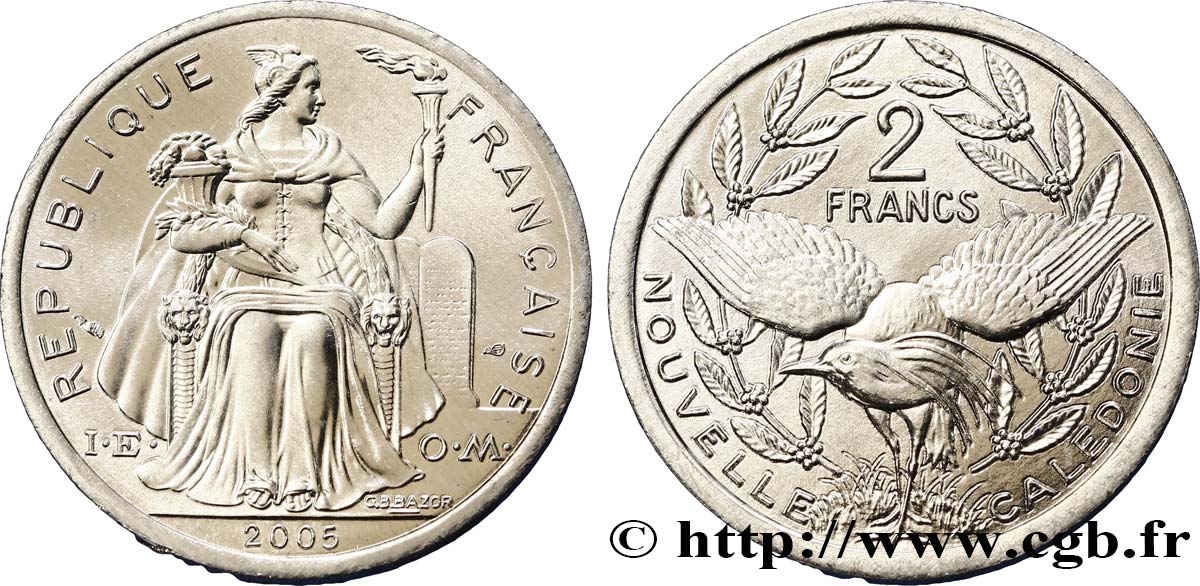 NOUVELLE CALÉDONIE 2 Francs I.E.O.M. représentation allégorique de Minerve / Kagu, oiseau de Nouvelle-Calédonie 2005 Paris FDC 