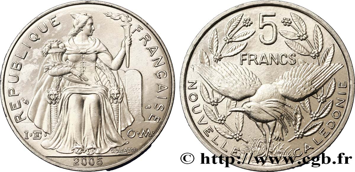 NEW CALEDONIA 5 Francs I.E.O.M. représentation allégorique de Minerve / Kagu, oiseau de Nouvelle-Calédonie 2005 Paris MS 