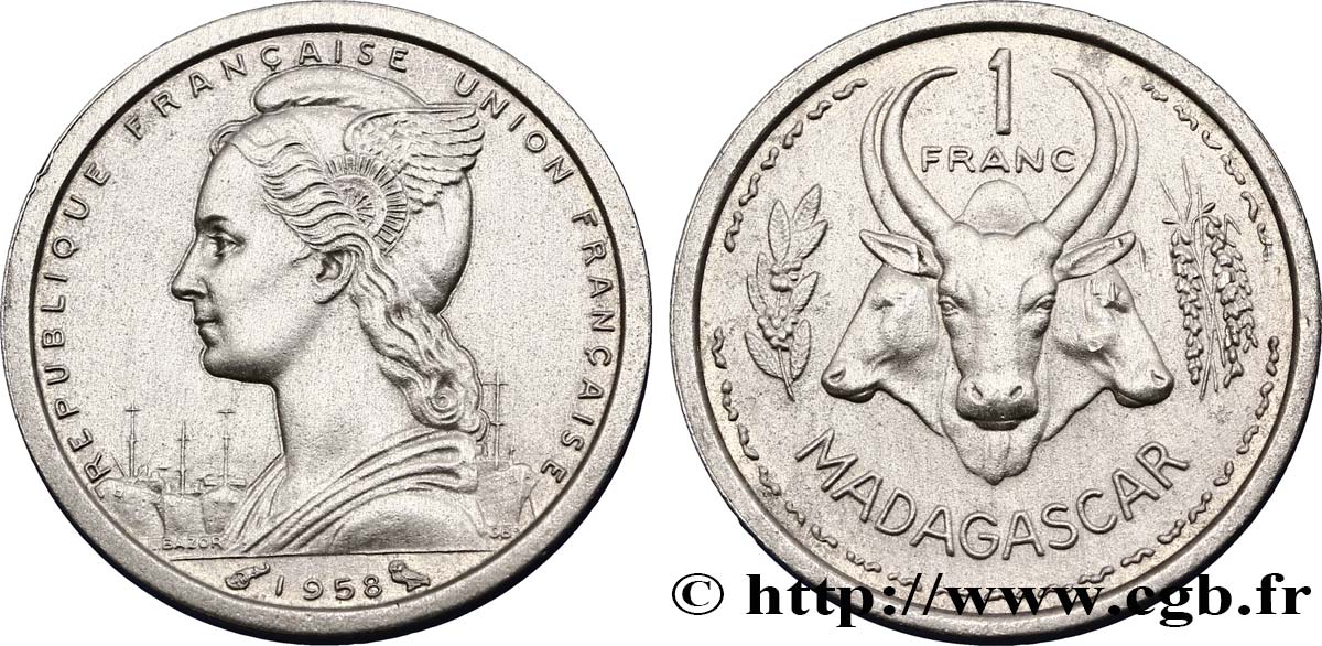 MADAGASCAR French Union 1 Franc 1958 Paris XF 