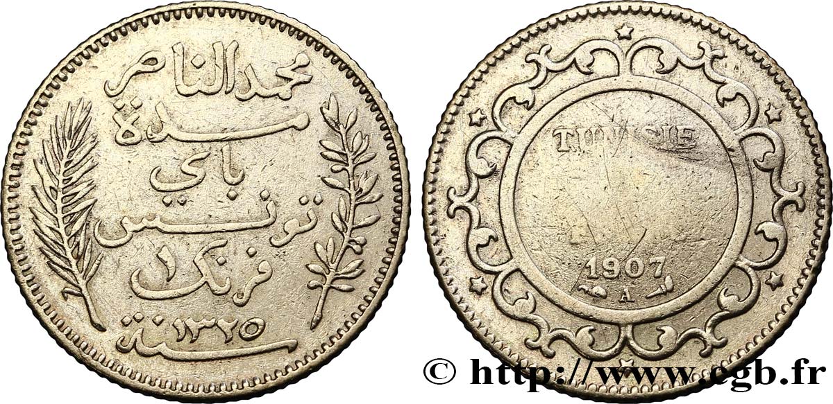 TUNISIA - FRENCH PROTECTORATE 1 Franc AH1325 1907 Paris VF 