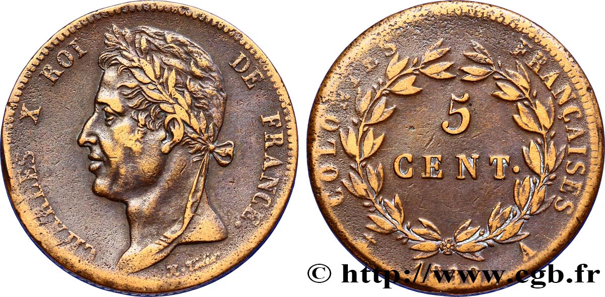 COLONIE FRANCESI - Carlo X, per Guyana 5 Centimes Charles X 1830 Paris - A BB 