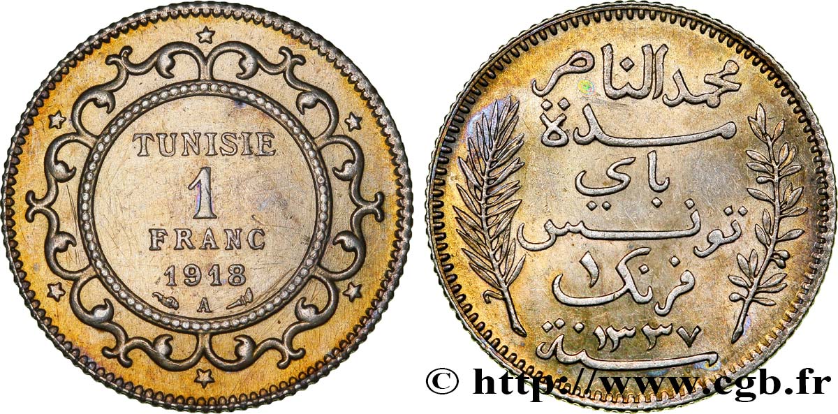 TUNISIA - FRENCH PROTECTORATE 1 Franc AH 1337 1918 Paris AU 