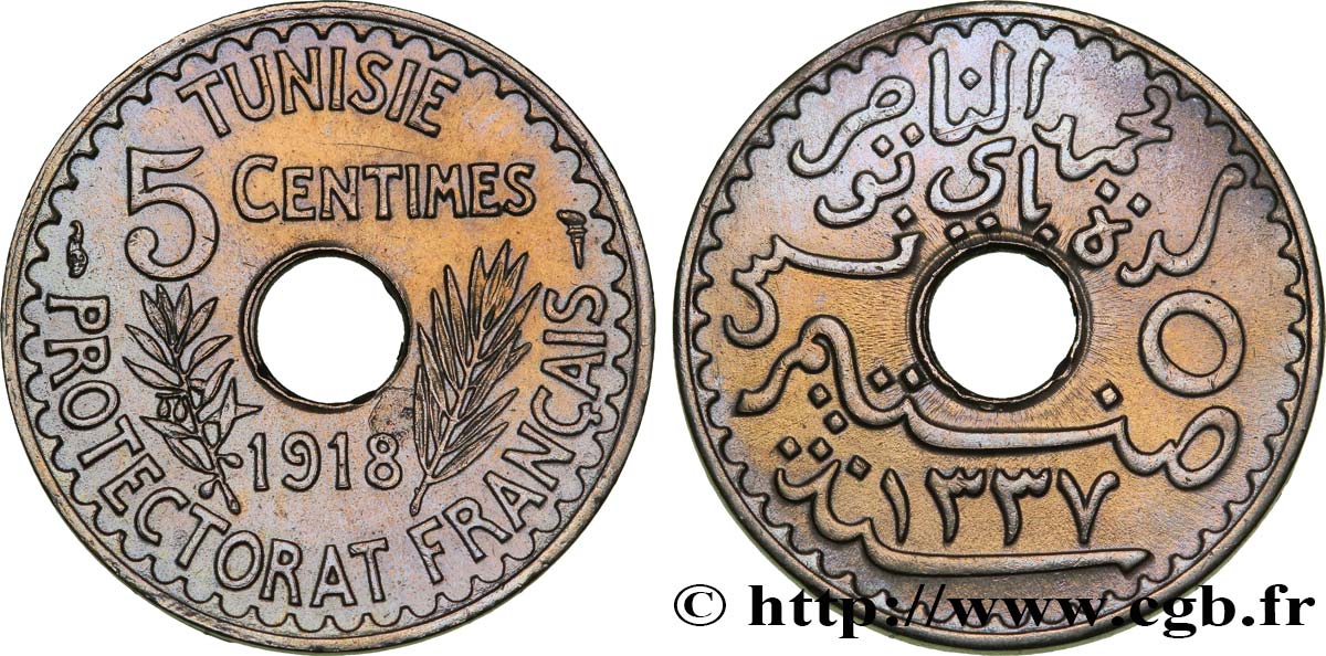 TUNISIA - FRENCH PROTECTORATE 5 Centimes AH 1337 1918 Paris AU 