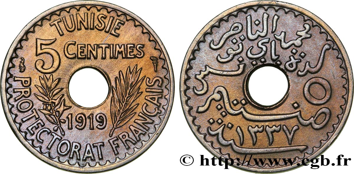 TUNISIA - FRENCH PROTECTORATE 5 Centimes AH 1337 1919 Paris AU 
