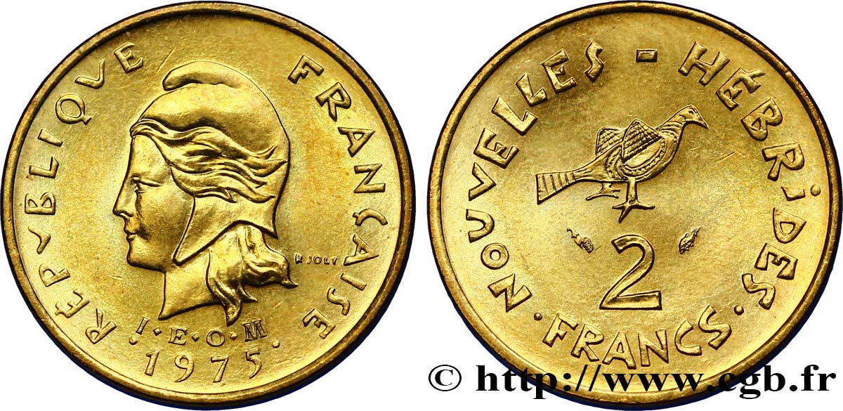 NOUVELLES HÉBRIDES (VANUATU depuis 1980) 2 Francs I. E. O. M. Marianne / oiseau 1975 Paris SPL 