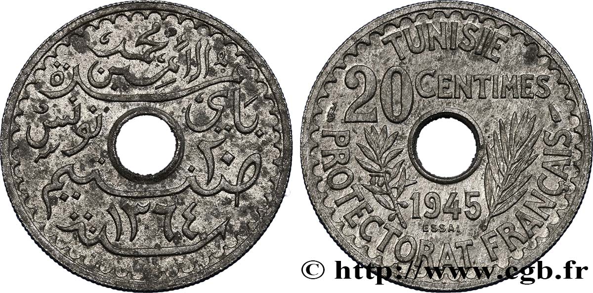 TUNISIA - French protectorate Essai de 20 Centimes AH 1364  1945 Paris MS 