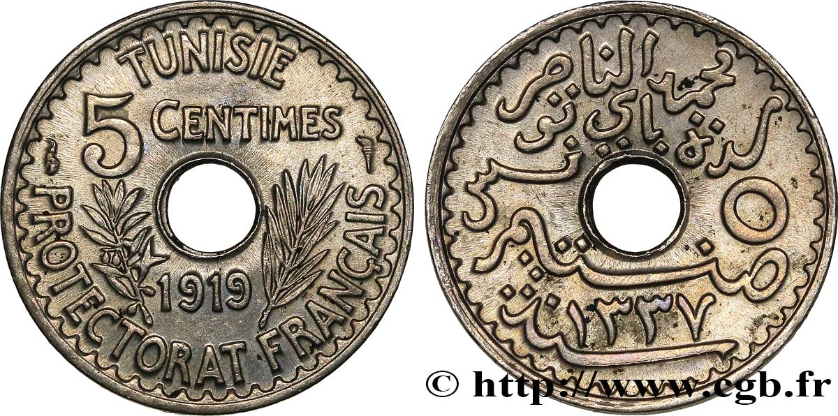 TUNESIEN - Französische Protektorate  5 Centimes AH 1337 1919 Paris fST 