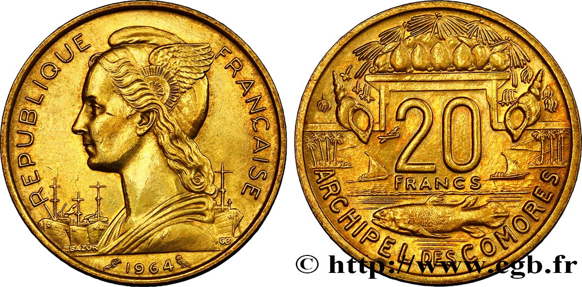 COMOROS  20 Francs 1964 Paris XF 