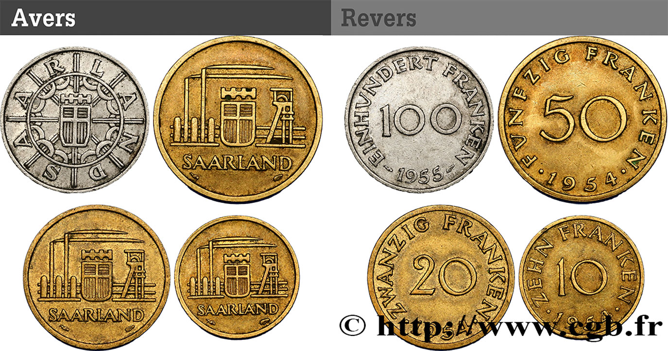 SAAR TERRITORIES Lot de 4 monnaies 10, 20, 50 et 100 Franken 1954-1955 Paris AU 
