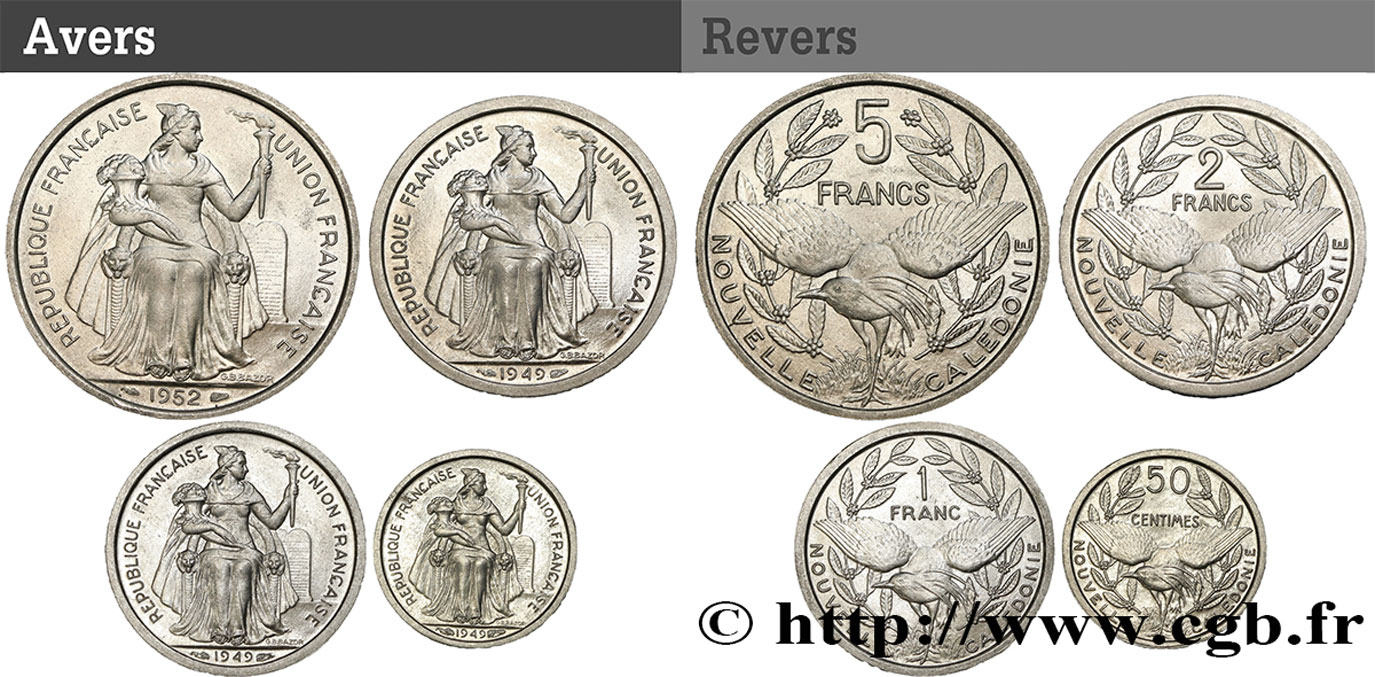 NEUKALEDONIEN Lot de 4 monnaies Union Française (50 Centimes, 1, 2 et 5 Francs) 1949-1952  fST 