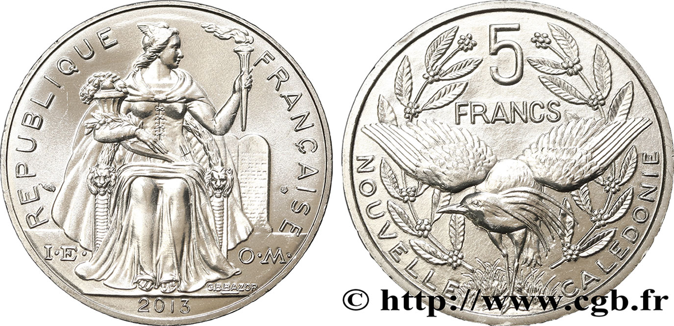 NEUKALEDONIEN 5 Francs I.E.O.M. représentation allégorique de Minerve / Kagu, oiseau de Nouvelle-Calédonie 2013 Paris fST 