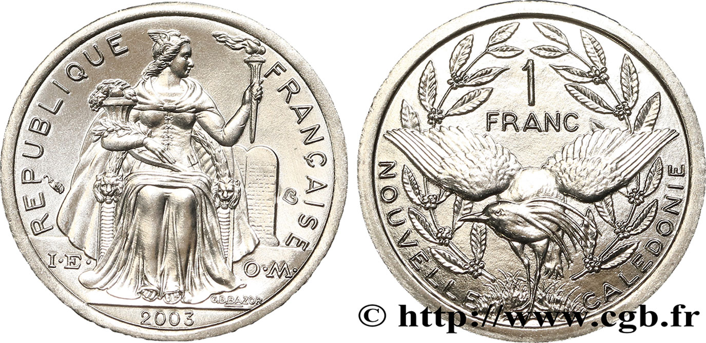 NEW CALEDONIA 1 Franc I.E.O.M. représentation allégorique de Minerve / Kagu, oiseau de Nouvelle-Calédonie 2003 Paris MS 