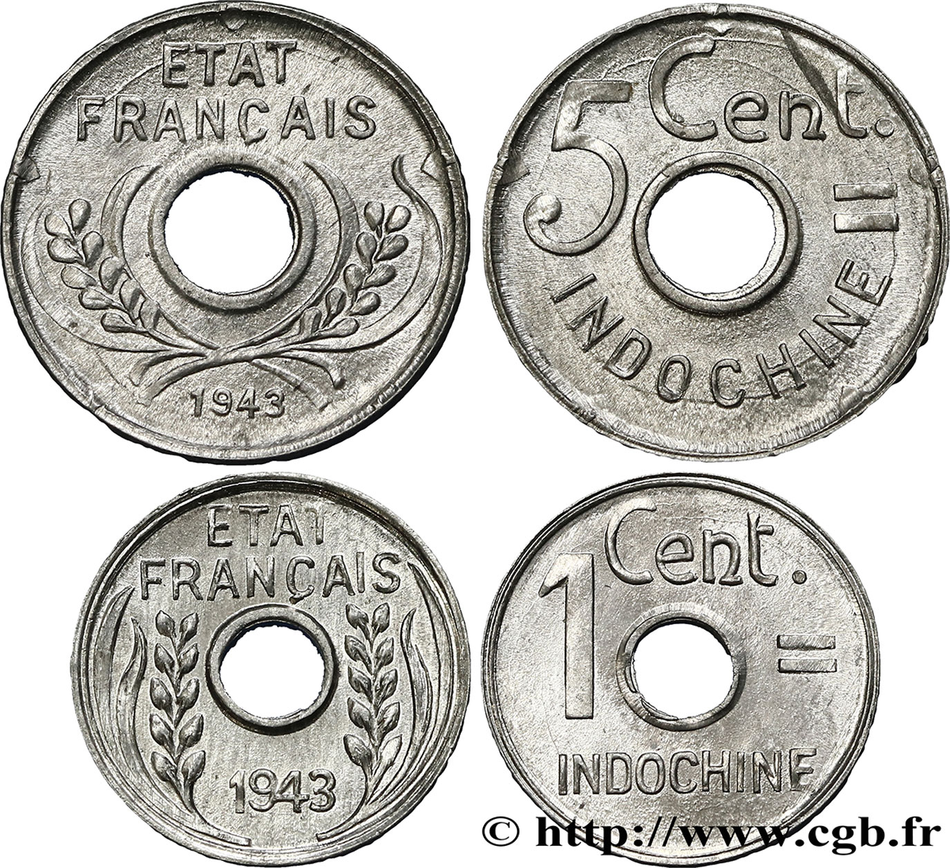 FRENCH INDOCHINA Lot de 2 monnaies 1 et 5 Centièmes 1943 Hanoï MS 