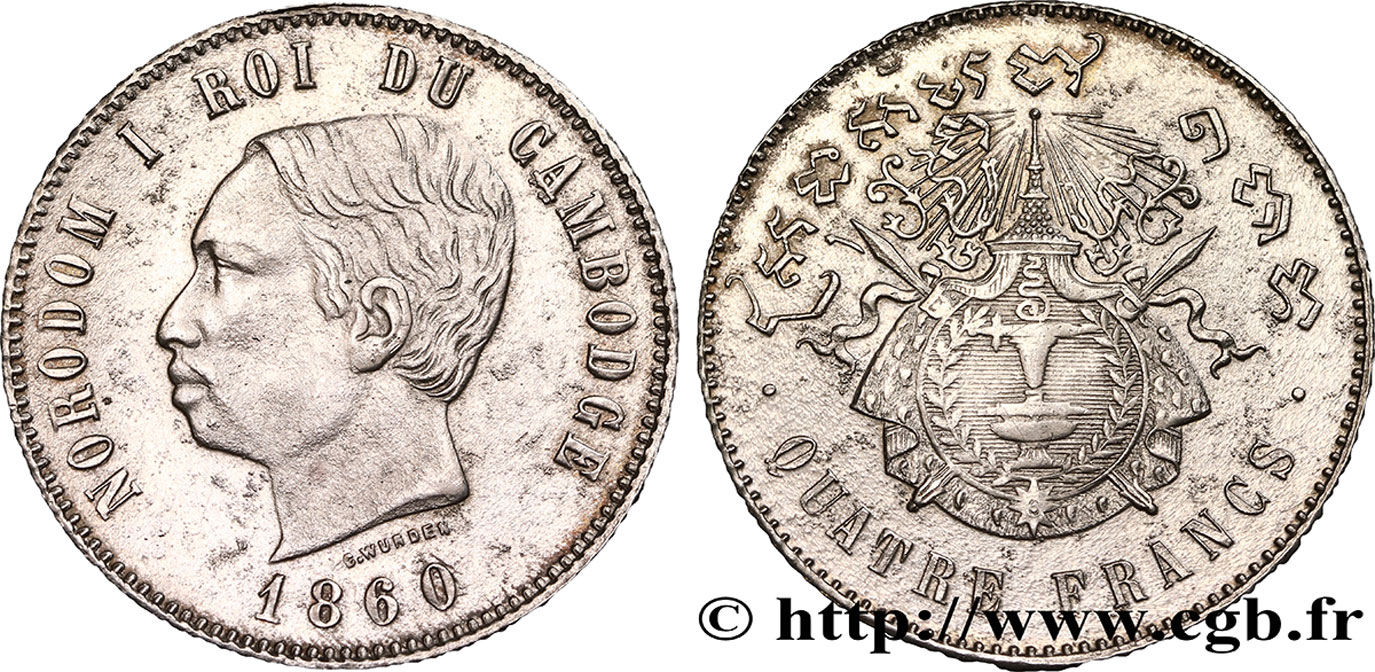 CAMBOGIA 4 Francs Norodom Ier 1860 Bruxelles q.SPL 