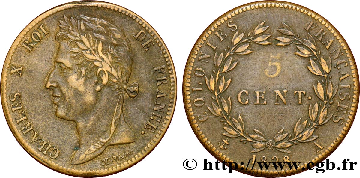 COLONIE FRANCESI - Carlo X, per Guyana 5 Centimes Charles X 1828 Paris - A BB 