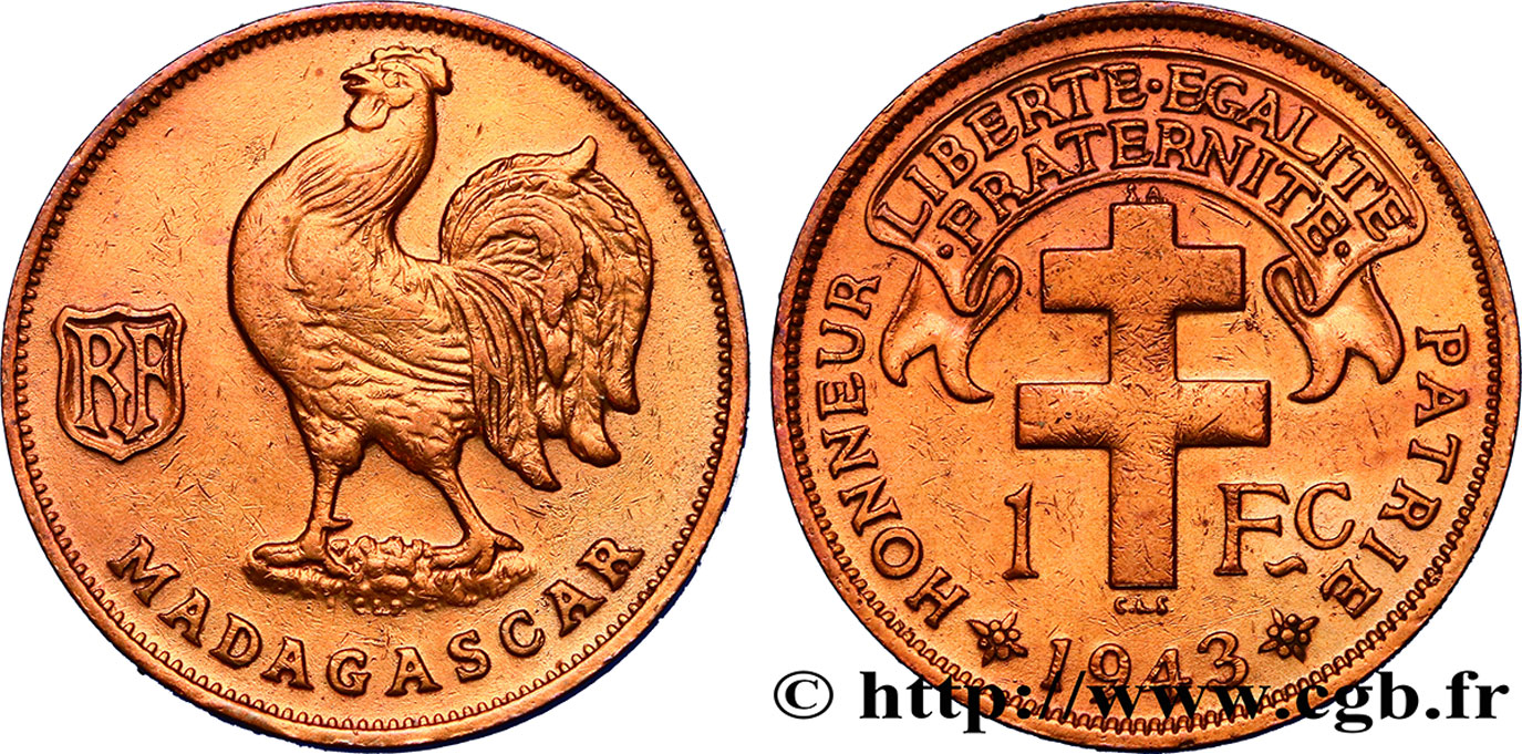 ÎLE DE MADAGASCAR - France Libre 1 Franc 1943 Prétoria TTB 