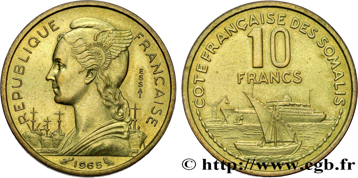 CÔTE FRANÇAISE DES SOMALIS Essai de 10 Francs Marianne / port 1965 Paris SUP 