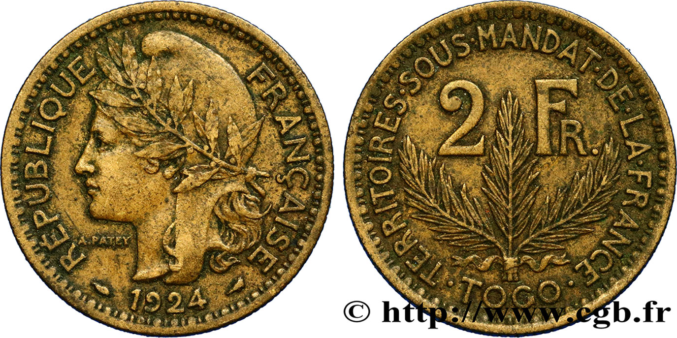 TOGO - TERRITOIRES SOUS MANDAT FRANÇAIS 2 Francs 1924 Paris TTB 