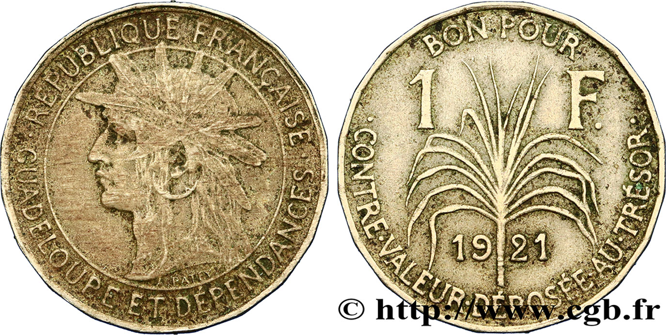 GUADELOUPE Bon pour 1 Franc indien caraïbe / canne à sucre 1921  TTB+ 