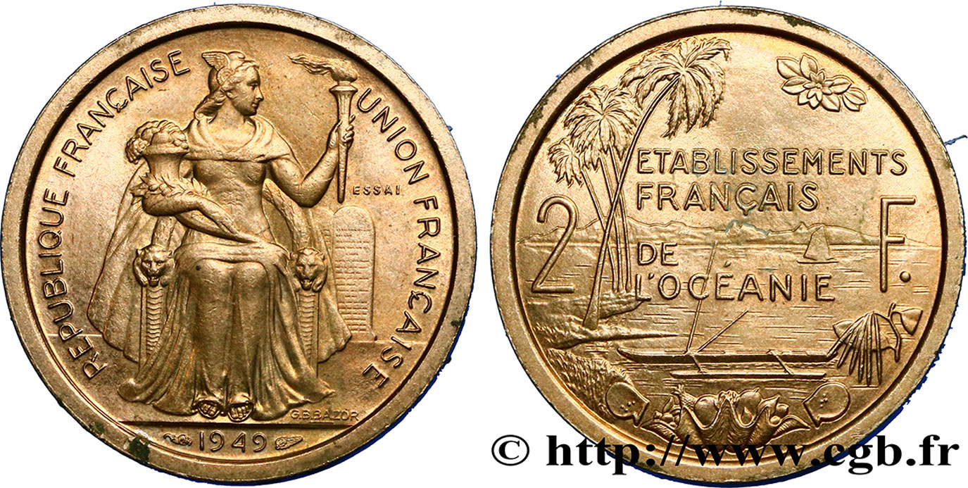 FRENCH POLYNESIA - French Oceania Essai de 2 Francs Établissements français de l’Océanie 1949 Paris AU 