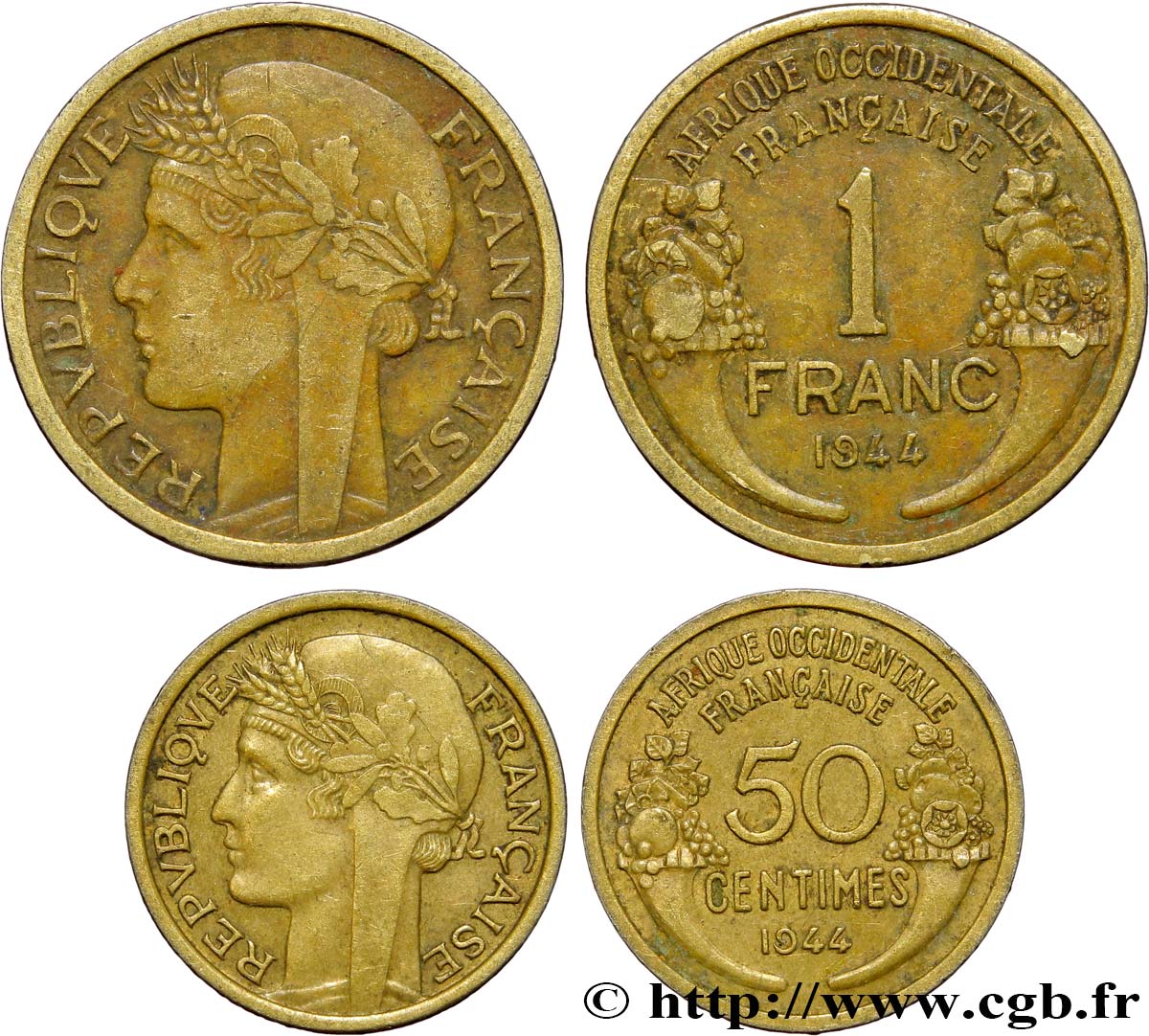 AFRICA FRANCESA DEL OESTE Lot 50 Centimes et 1 Franc Morlon 1944 Londres MBC 