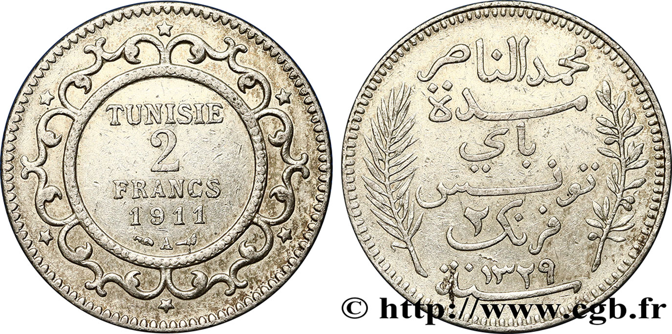 TUNISIE - PROTECTORAT FRANÇAIS 2 Francs AH1329 1911 Paris - A TTB+ 