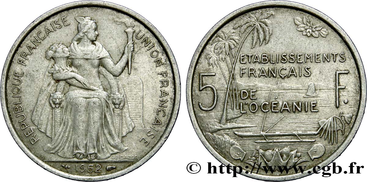 POLINESIA FRANCESE - Oceania Francese 5 Francs Établissements Français de l’Océanie 1952 Paris q.SPL 